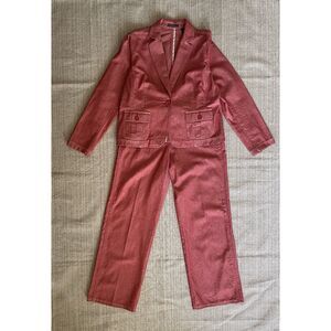 Liz Claiborne Red Denim Blazer Pants Suit Set Womens  XL/14 Jacket Pants Cotton